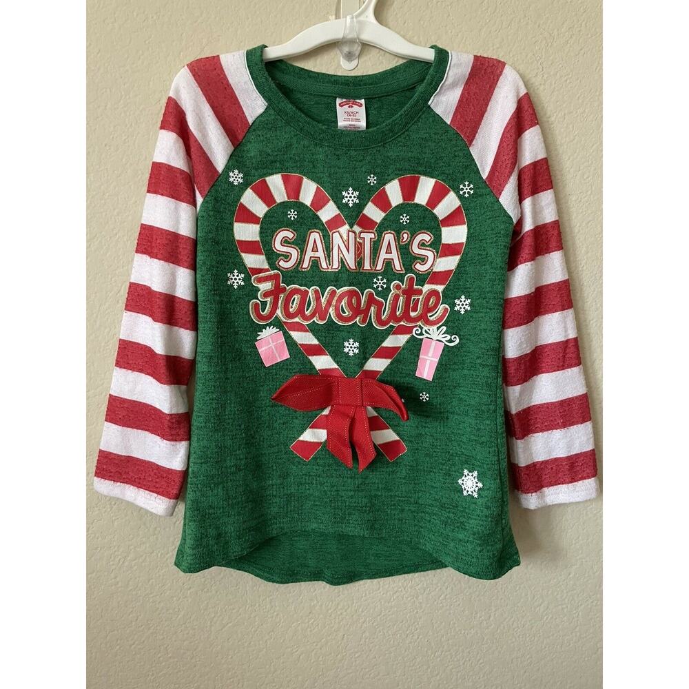 Holiday Time Sparkle Candy Canes Santa’s Favorite Long Sleeve Girls' Top XS 4/5